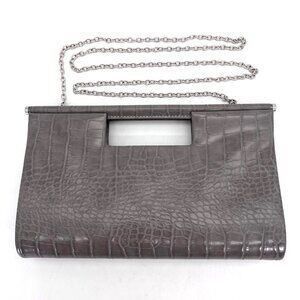 Jessica McClintock Gray Faux Crocodile Emboss Leather Clutch Handbag Chain Strap